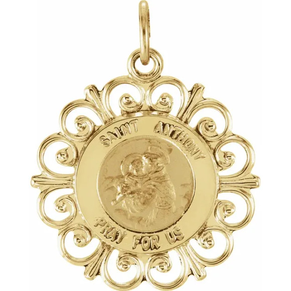 This Round St Anthony Pendant Medal features dimensions of 18.5 millimeters, approximately 3/4-inch round. Made of 14K Yellow Gold, this religious jewelry piece weighs approximately 1.42 grams.