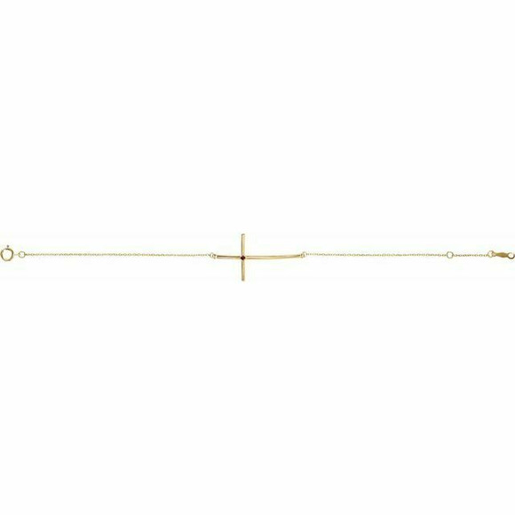 This bracelet fashioned in 14k yellow gold features a sideways cross centered along a 8.0-inch chain that secures with a spring ring clasp.