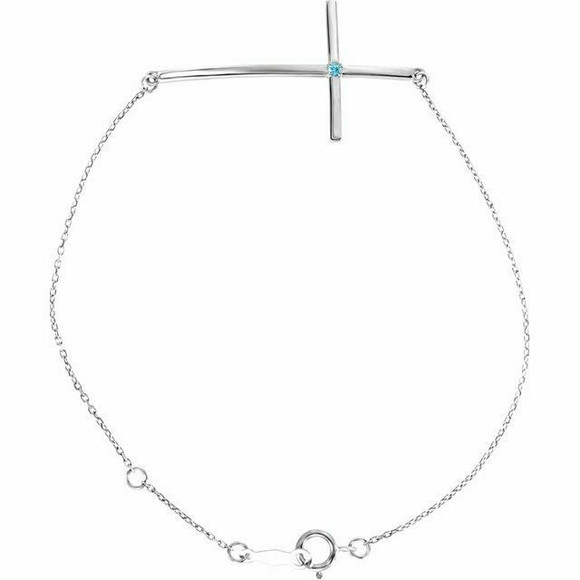 Imitation Blue Zircon Sideways Cross Bracelet In 14K White Gold