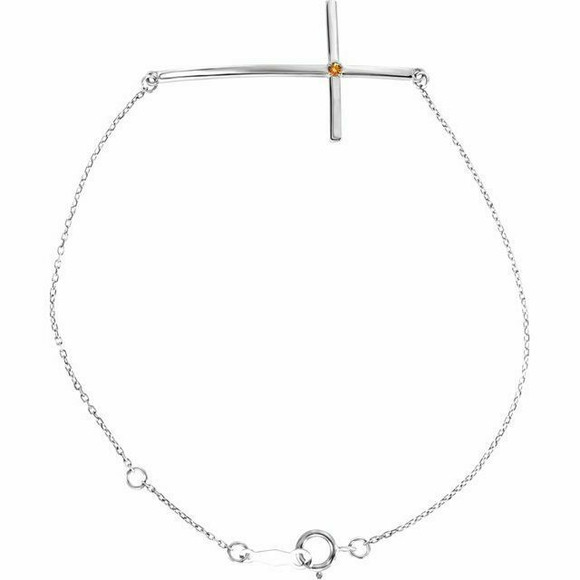 Imitation Citrine Sideways Cross Bracelet In 14K White Gold