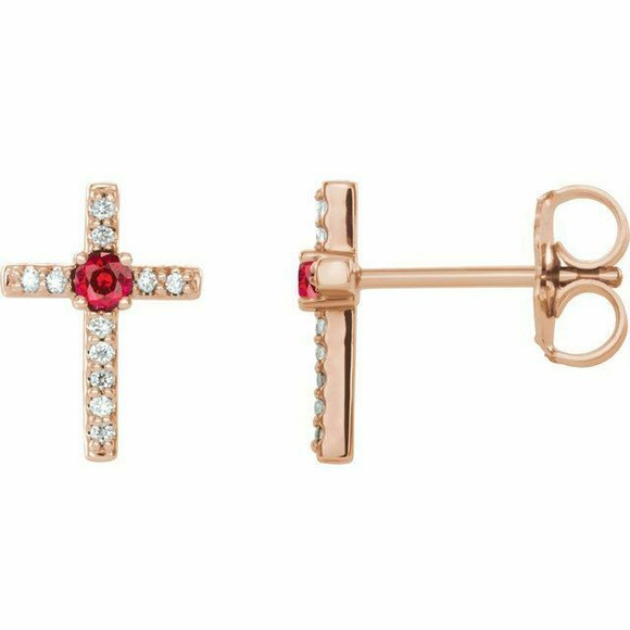 Chatham® Created Ruby & .06CT Diamond Cross Earrings In 14K Rose Gold