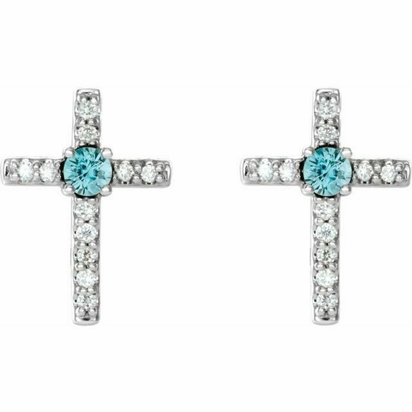 Blue Zircon & .06CT Diamond Cross Earrings In Platinum 