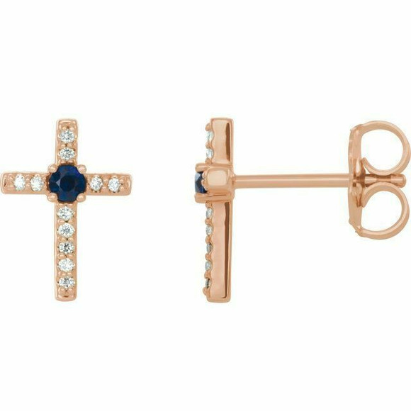Chatham® Created Blue Sapphire & .05CT Diamond Cross Earrings In 14K Rose Gold