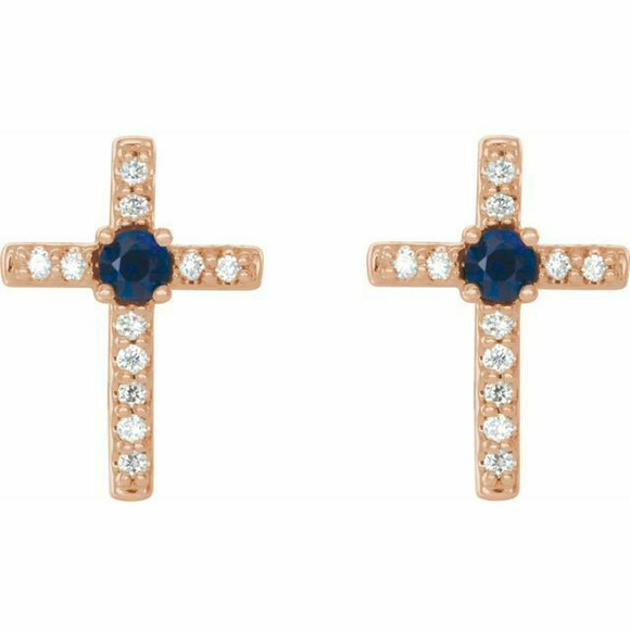 Chatham® Created Blue Sapphire & .05CT Diamond Cross Earrings In 14K Rose Gold