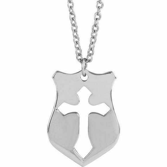 The simplicity of your faith is represented by this white gold pierced cross shield pendant. Polished to a brilliant shine. 