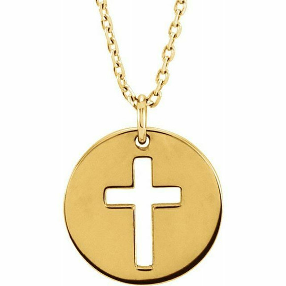 The simplicity of your faith is represented by this yellow gold pierced cross disc pendant. Polished to a brilliant shine.