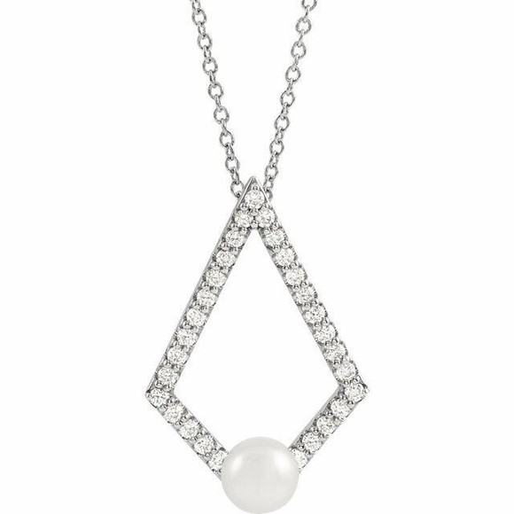 Make a bold and modern fashion statement with this cultured freshwater pearl & Diamond Geo Pendant Necklace in a geometric-shaped 14k white gold design showcased by 29 sparkling accent diamonds set off by a singular freshwater cultured freshwater pearl.