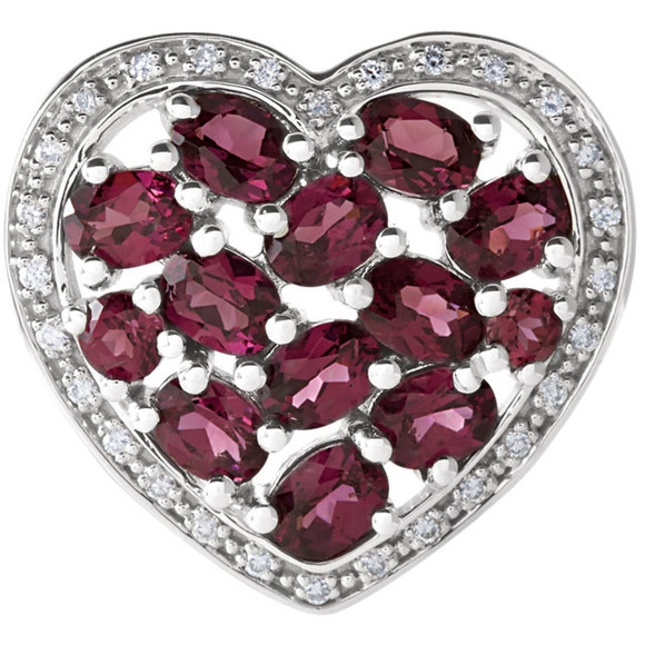 Eleven Oval Cut 4.00 x 3.00 mm Oval Cut Brazilian Garnets Combined With Two Round Brazilian Garnets, sized 2.50 and 2.75 mm, Create a Stunning Bejeweled Effect Within a Diamond Studded Frame. In 14k White Gold With 1/10cts of Diamond Accents, This Romantic Pendant is a Great Find.