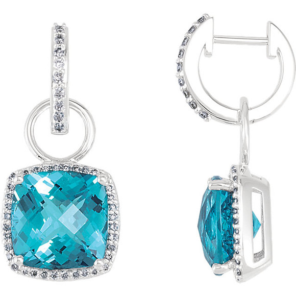 Celebrate her December birthday with these exquisite drop earrings. Crafted in 14K white gold, each earring showcases a 10.0mm cushion-cut Swiss blue topaz center stone. Polished to a brilliant shine.