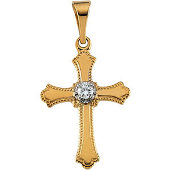 Diamond cross pendant in 14K yellow gold measures 15.00x11.00mm and has a bright polish to shine.