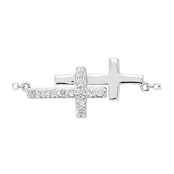 Simple and stylish, this bracelet is as much about faith as it is fashion. Crafted in sterling silver, this bracelet features a double sideways cross turned on its side and 12 CZ's measuring 1.50 mm each.