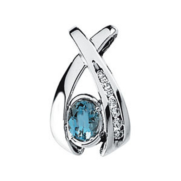 This enchanting 14k white gold pendant features a 7x5mm genuine oval cut aquamarine accented with a stunning display of round diamonds. Diamonds are .08ctw, G-H in color, and I1 in clarity. Pendant only.