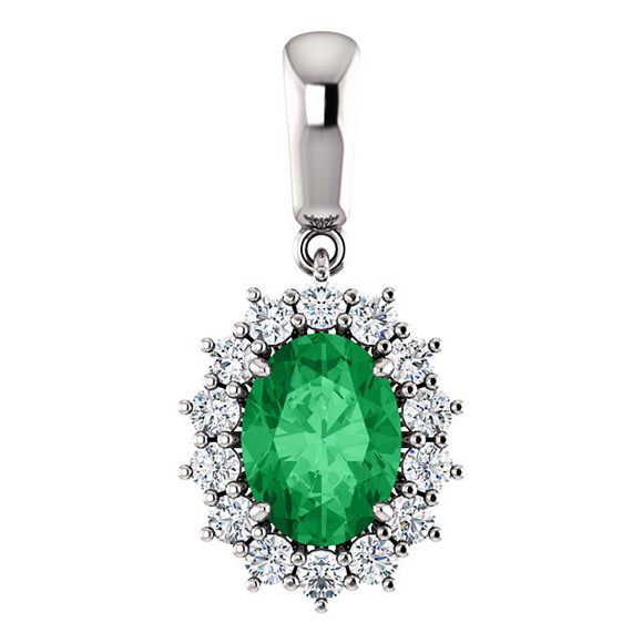 A stunning Chatham® Created emerald is surrounded by fourteen round diamonds in this classic pendant.