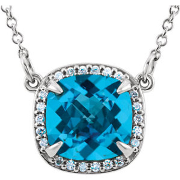 An exquisite gift for the December birthday girl, this topaz pendant is a glamorous look she'll love. Fashioned in warm 14K white gold, this pendant showcases a luminous 8.0mm antique square-cut swiss blue topaz in a stylish scalloped frame adorned with shimmering diamond accents. Polished to a bright shine, this exceptional style suspends from an 16.0-inch solid cable chain and secures with a spring-ring clasp.