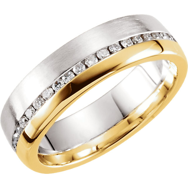 Half and half style men's wedding band features a polished band of yellow gold on one side, and a brushed white gold band on the other, separated by a line of diamonds.