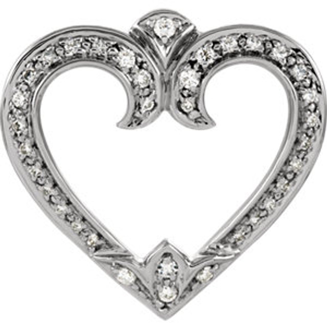 This elegant 14k white gold necklace features a heart adorned with sparkling round diamonds. Diamonds are 1/4ctw and I1 or better in clarity. Polished to a brilliant shine.
