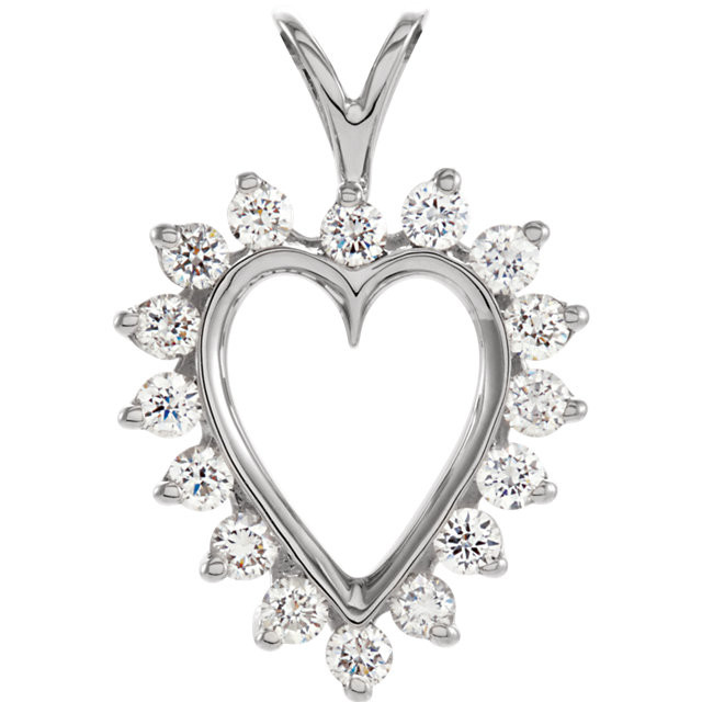 When mere words cannot convey the depth of your love, turn to this classic diamond heart pendant. Fashioned in warm 14K gold, this heart pendant is outlined with shimmering round cut diamonds. A lovely variation on a common theme, this heart delights with 1/2 ct. t.w. of diamonds and a polished shine. The heart suspends along an 18.0-inch rope chain that secures with spring-ring clasp.