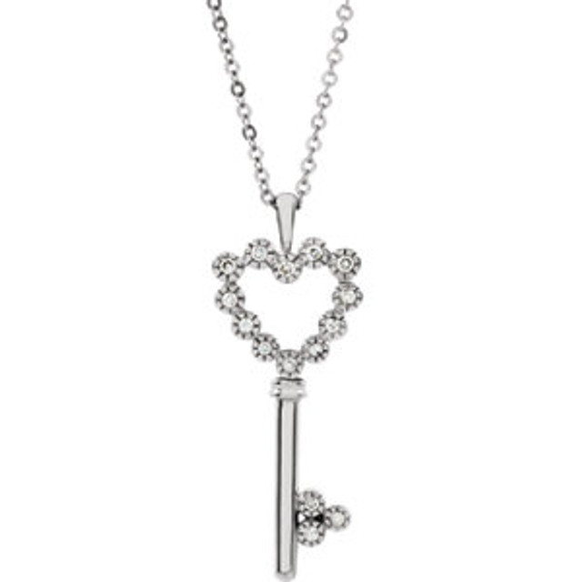 Diamond Heart Key 18" Necklace in 14K White Gold has a carat weight of 1/10 and has a bright polish to shine.