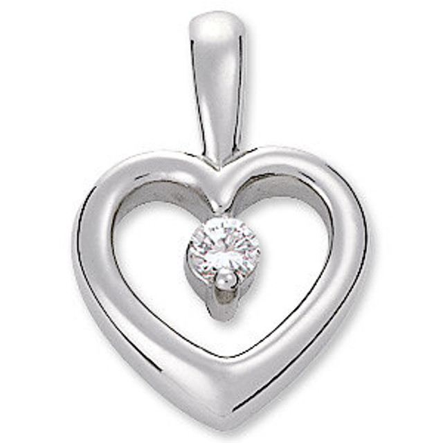 This platinum pendant features a romantic heart adorned with a round diamond. Diamond is .07ctw, G-H in color, and SI2-SI3 or better in clarity. Chain sold separately!