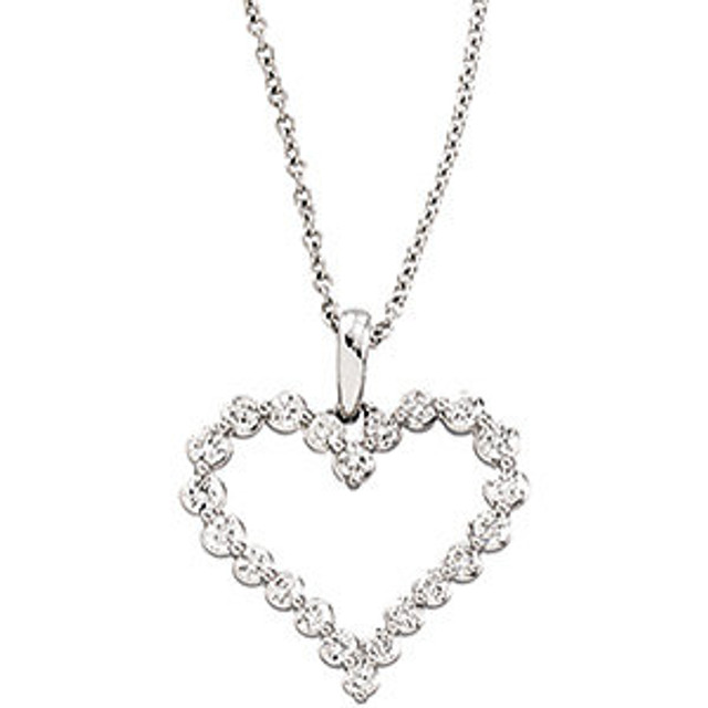 This 14k white gold pendant features a romantic heart adorned with round diamonds. Diamonds are 1ctw, H-I in color, and I1 or better in clarity.
