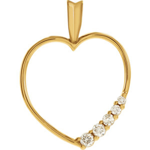 This 14k gold pendant features a diamond heart adorned with five round cut diamonds. Diamonds are 1/5ctw, G-H in color, and I1 or better in clarity.
