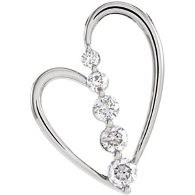 This elegant 14k white gold Diamond Journey Heart Pendant features sparkling round diamonds. Diamonds are 1/2ctw and are G-H in color and I1 or better in clarity. Polished to a brilliant shine.