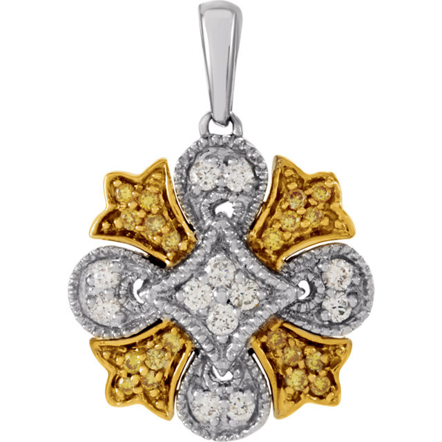 Diamond Pendant In 14K White/Yellow Gold and weighs 2.57 grams. Diamonds are 1/4 ct. tw, H-I in color and I1 or better in clarity. Polished to a brilliant shine.