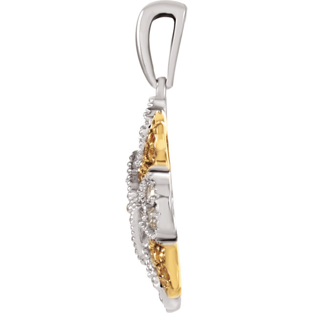 Diamond Pendant In 14K White/Yellow Gold and weighs 2.57 grams. Diamonds are 1/4 ct. tw, H-I in color and I1 or better in clarity. Polished to a brilliant shine.