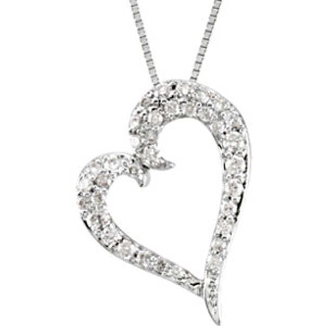 This elegant 14k white gold necklace features a heart adorned with sparkling round diamonds. Diamonds are 1/4ctw and are G-H in color and I1 or better in clarity. Necklace is suspended from a 14k white gold chain and has a bright polish to shine.