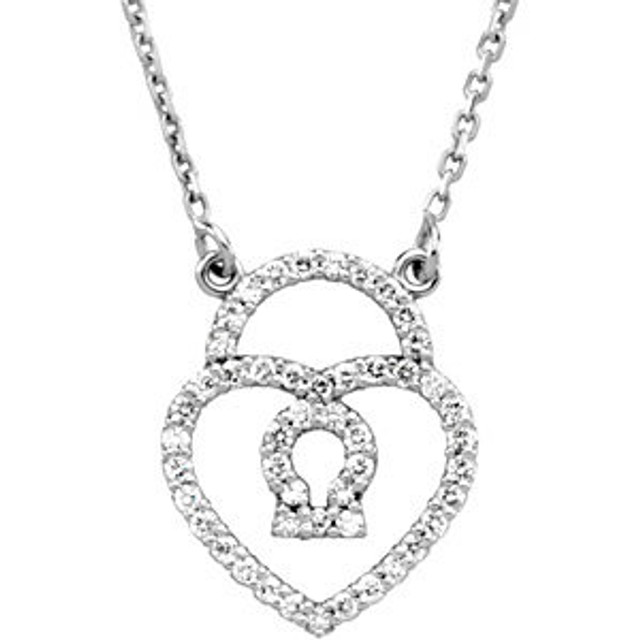 This 14k white gold pendant features a diamond heart padlock 16" necklace adorned with round diamonds. Diamonds are 1/4ctw, G-H in color, and I1 or better in clarity.