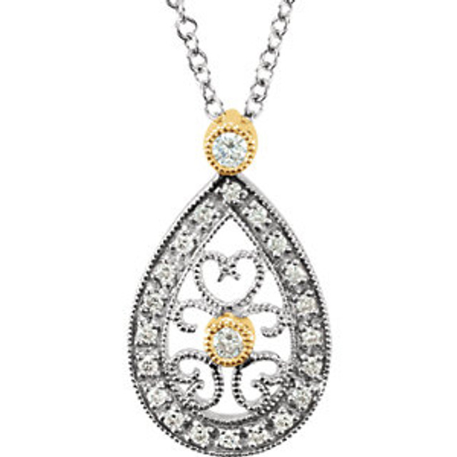 Diamond 16" Necklace In 14K White/Yellow Gold and measures 17.40x10.35mm. Diamonds are 1/6 ct. tw, G-H in color and I1 or better in clarity. Polished to a brilliant shine.