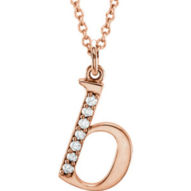 Destined to become a treasured addition to anyone's collection, the .04 ct tw diamond letter "b" 16 lowercase initial necklace in 14k Rose Gold is as brilliant as it is elegant. Show off this wonderful Necklace with any and every outfit. This exquisite piece is beautifully crafted in brilliant 14k Rose Gold for a stunning impression. This magnificent piece sparkles with shimmering diamond. .04 ct. This necklace is 16 Surely designed to impress.