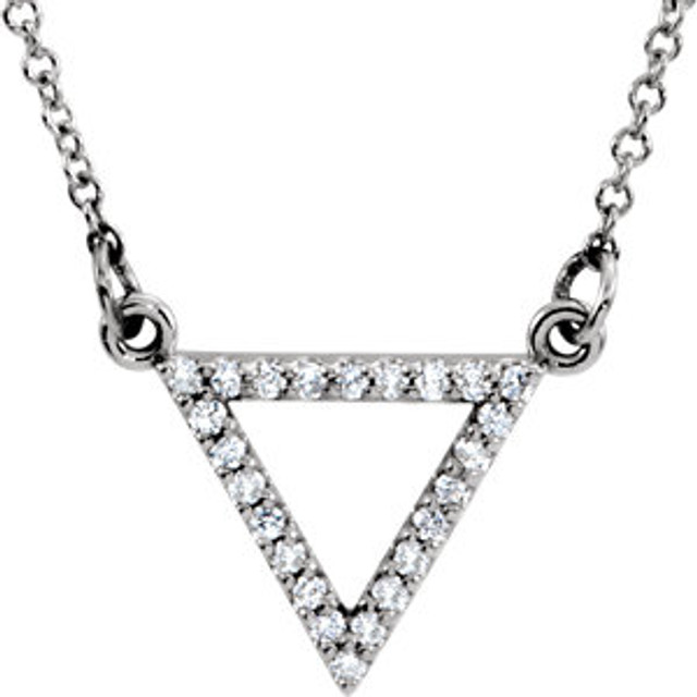 Petit Diamond Triangle Pendant In 14K White Gold measures 11.85x14.75mm and has a bright polish to shine. This item comes with a 16" solid cable chain.