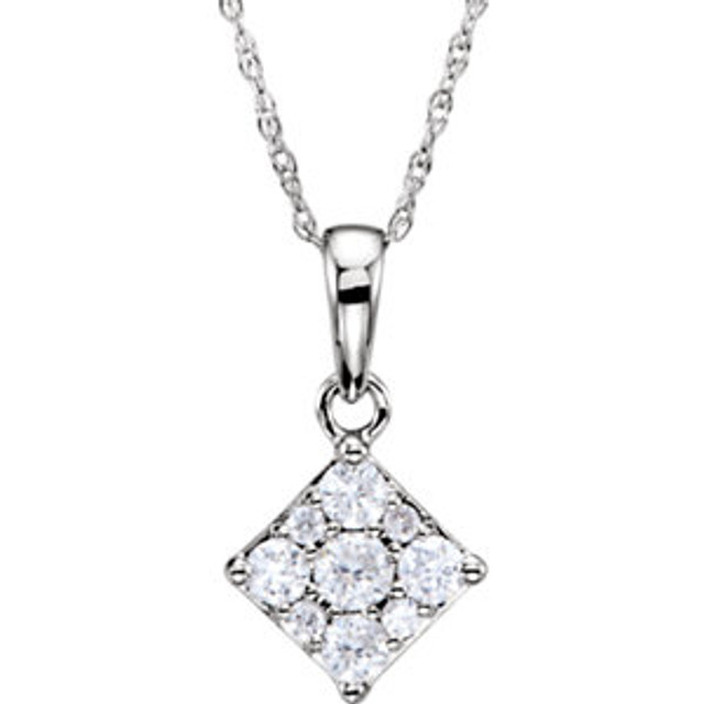 Simple yet stunning, this diamond pendant is a smart look any time. Fashioned in cool 14K white gold, this pendant features nine round-cut diamonds set closely together in a squared frame. A timeless look, this diamond pendant is finished with a bright polish and suspends along a 18.0-inch chain that secures with a spring-ring clasp.