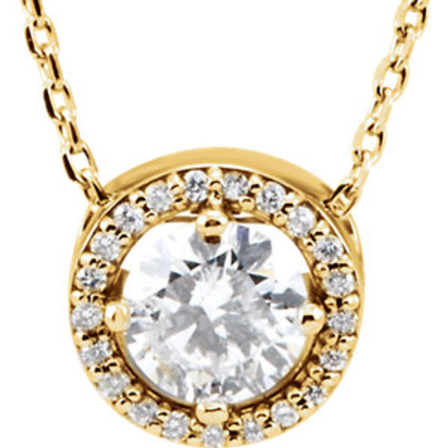 Our designer inspired 1/2 ct. tw. round cut diamond styled 16" halo necklace in 14kt yellow gold is a perfect match for today's style. Show off this wonderful Necklace with any and every outfit. This necklace is simple yet stunning, captivating like no other.