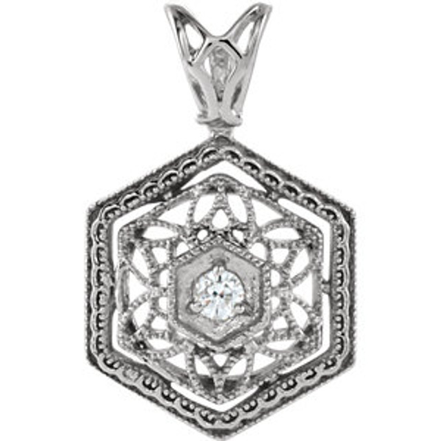 A thoroughly romantic look, dress her neck in vintage style and shimmer! This stunning 14k white gold diamond necklace features an intricate filigree design with milgrain accents. Dazzling diamonds accents add sparkle.