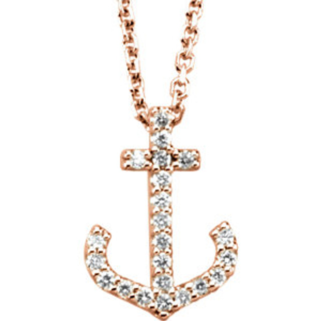 For a nautical adventurous look, the designer crafted diamond necklace following an anchor outline. Starting with a base of white, yellow or rose gold, this necklace is embedded with twenty-two round diamonds (1/8 carat) that follow the arms of the anchor all the way up to their tops. A fine display of craft and jewel fantasy. 