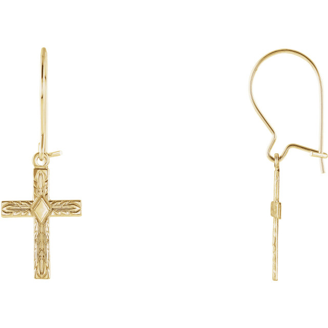 These cross earrings are in 14k yellow gold. Each earring measures 13.00x10.00mm and has a bright polish to shine.