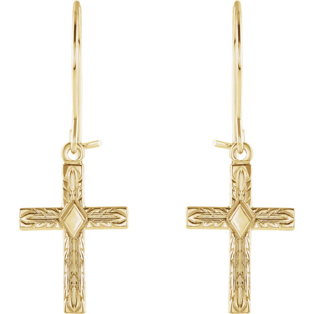 These cross earrings are in 14k yellow gold. Each earring measures 13.00x10.00mm and has a bright polish to shine.