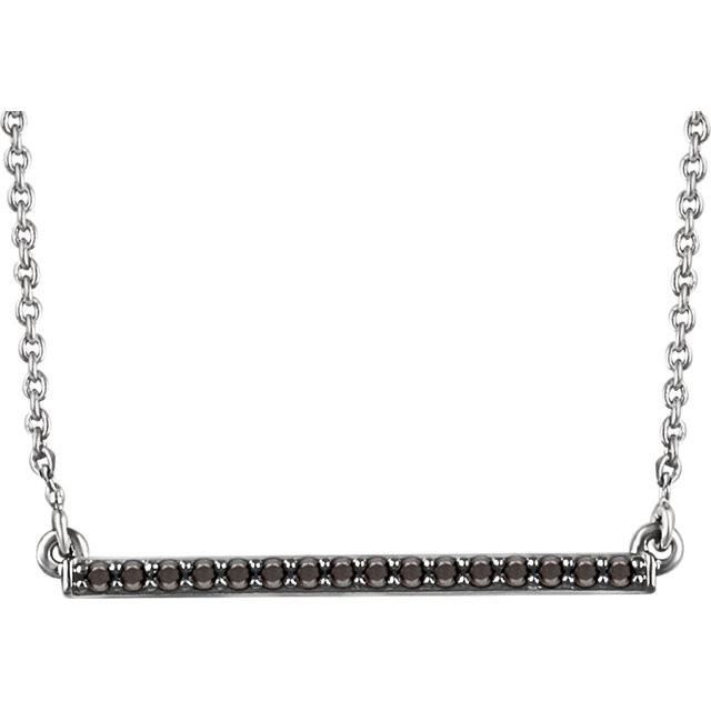 Raise the fashion bar with this elegant and eye-catching necklace. Expertly crafted In 14K white gold, this straight bar-shaped design features shimmering sparkling red diamonds. A simple-yet-sophisticated look she's certain to adore, this necklace captivates with 1/6 ct. t.w. of diamonds and a polished shine. The look suspends centered along an 18.00-inch chain that secures with a lobster clasp.