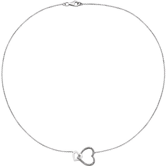 A pair of interlocking hearts swings from this sweet necklace for her. Styled in lustrous sterling silver, the necklace is adorned with diamonds for the perfect touch of brilliance. The pendant has a total diamond weight of .03 carat and is suspended from an 18-inch chain secured with a spring ring clasp.