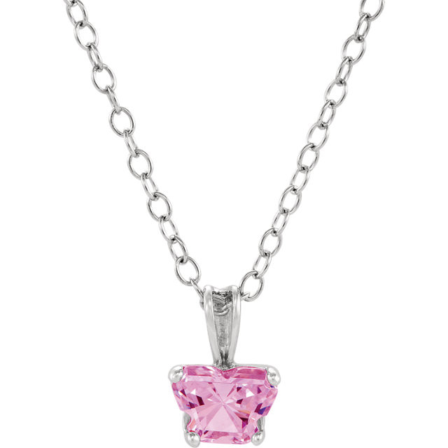 Perfect for your little one, this 14K White Gold 14" necklace is designed with one butterfly-shaped Pink Tourmaline cubic zirconia stone.