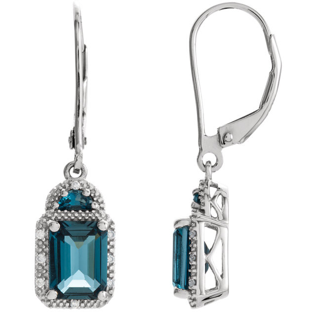 The voluptuous color of London Blue Topaz is as enthralling as the aquatic hue of the deepest ocean. This luminous basket design made from 14k white gold features a faceted half-moon and octagon emerald-cut topaz stones with a diamond accented milgrain border. The approximate width is 7mm (1/4 inch) and the length including the lever back is 30mm (1 3/16 inch). The total gemstone weight for the pair is 3.86 carats. Color range varies on all natural stones so please allow for slight variations in shades. Gemstone treatment: traditional irradiation.