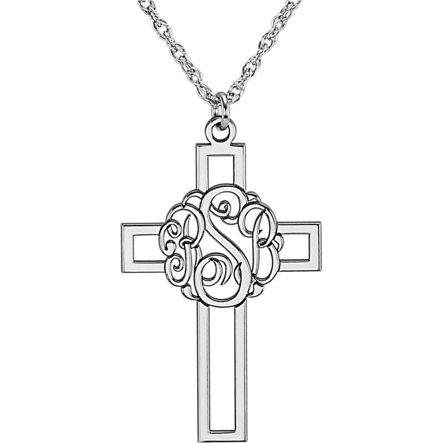 Make your faith personal with this stylish monogram fashion pendant. Created in warm 14K white gold, this 29x19mm cross pendant can be customized with the three initials of your choice. Enter the initials in the order you would like them, left to right (the center initial will be larger as shown.) Polished to a bright shine, the pendant suspends along an 16.0 or 18.0-inch rope chain that secures with a spring-ring clasp.