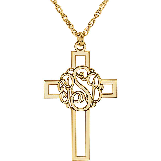 Make your faith personal with this stylish monogram fashion pendant. Created in warm 14K yellow gold, this 29x19mm cross pendant can be customized with the three initials of your choice. Enter the initials in the order you would like them, left to right (the center initial will be larger as shown.) Polished to a bright shine, the pendant suspends along an 16.0 or 18.0-inch rope chain that secures with a spring-ring clasp.