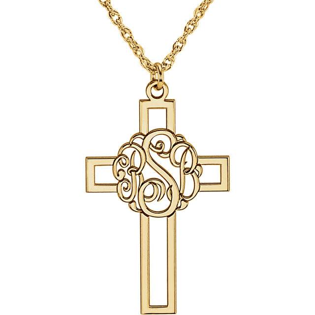 Make your faith personal with this stylish monogram fashion pendant. Created in warm 14K yellow gold/sterling silver, this 29x19mm cross pendant can be customized with the three initials of your choice. Enter the initials in the order you would like them, left to right (the center initial will be larger as shown.) Polished to a bright shine, the pendant suspends along an 16.0 or 18.0-inch rope chain that secures with a spring-ring clasp.