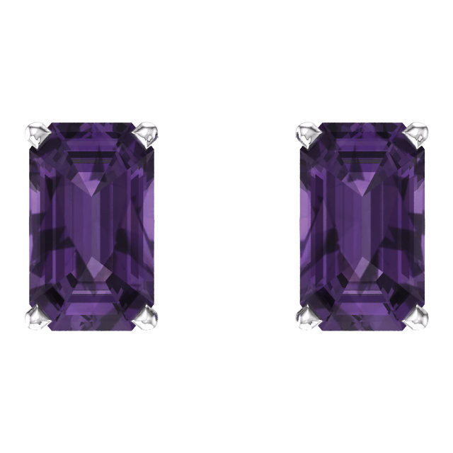 These lovely 14k white gold earrings each feature a genuine 5 x 3mm Emerald/Octagon amethyst. Polished to a brilliant shine.