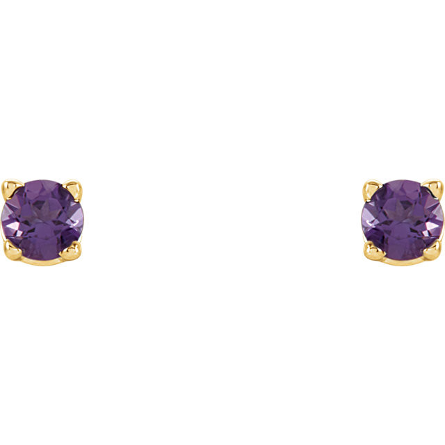 Classic and sophisticated, these genuine amethyst stud earrings are a lovely look any time. Fashioned in sleek 14K yellow gold, each earring features a 2.5mm round purple amethyst in a durable four-prong setting. Polished to a brilliant shine, these earrings secure comfortably with friction backs.