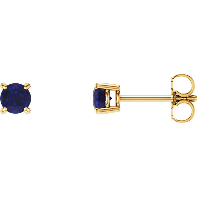 Classic and sophisticated, these Blue Sapphire stud earrings are a lovely look any time. Fashioned in sleek 14K yellow gold, each earring features a 4mm round blue sapphire in a durable four-prong setting. Polished to a brilliant shine, these earrings secure comfortably with friction backs.