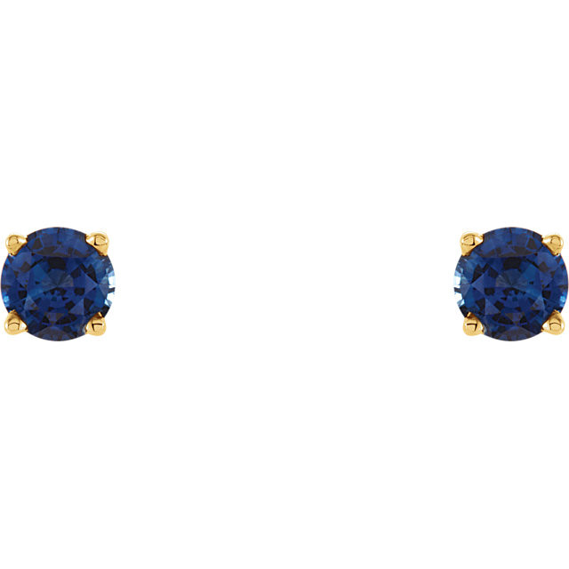 Classic and sophisticated, these Blue Sapphire stud earrings are a lovely look any time. Fashioned in sleek 14K yellow gold, each earring features a 4mm round blue sapphire in a durable four-prong setting. Polished to a brilliant shine, these earrings secure comfortably with friction backs.